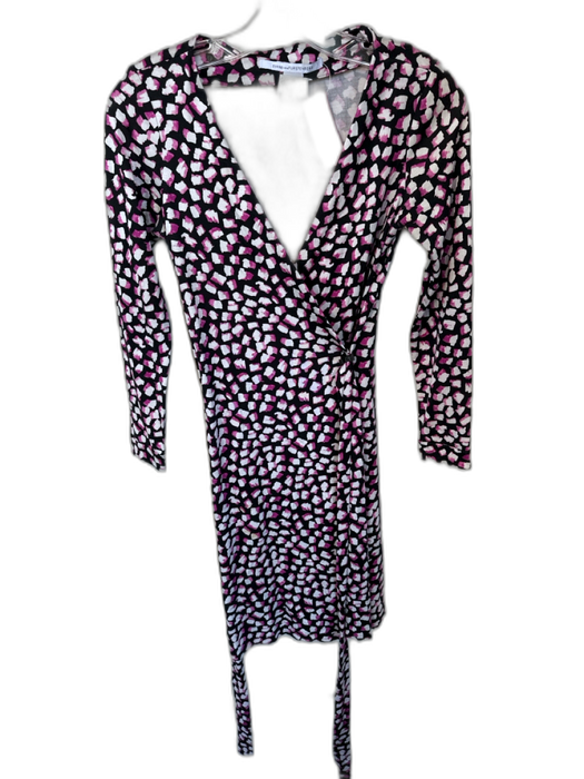 Diane Von Furstenberg Size 2 Pink & Black Silk Mini Long Sleeve Dress Pink & Black / 2
