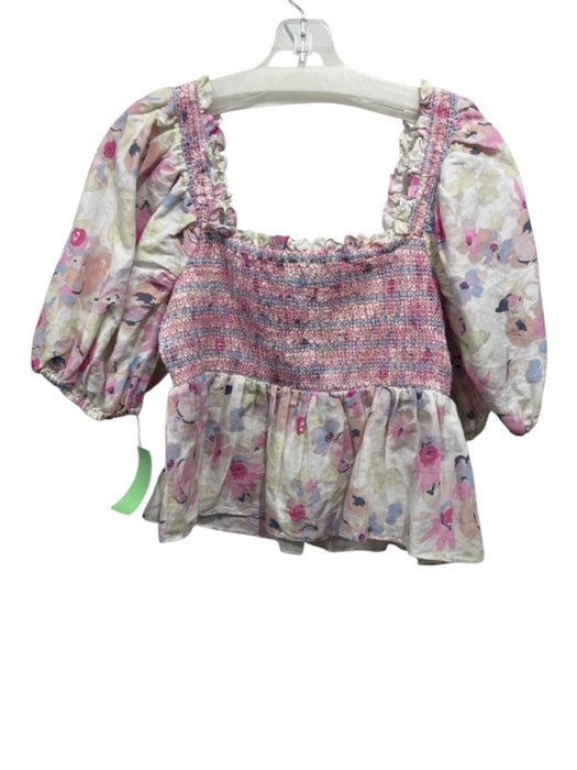 Something Navy Size S White, Pink & Multi Linen & Cotton Smocked Peplum Top White, Pink & Multi / S