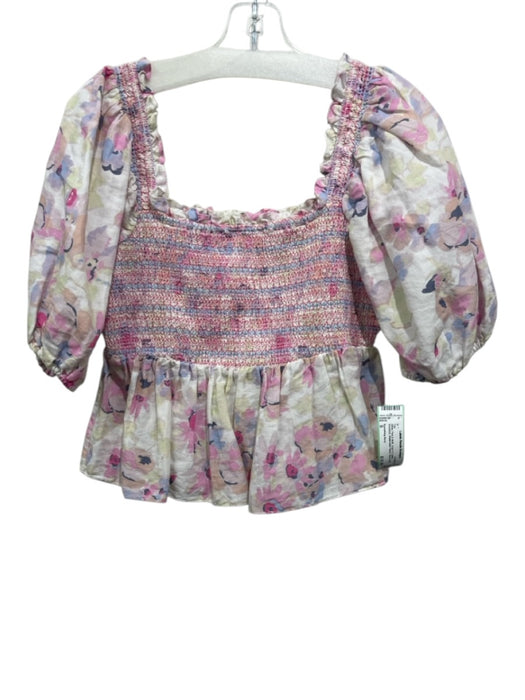 Something Navy Size S White, Pink & Multi Linen & Cotton Smocked Peplum Top White, Pink & Multi / S