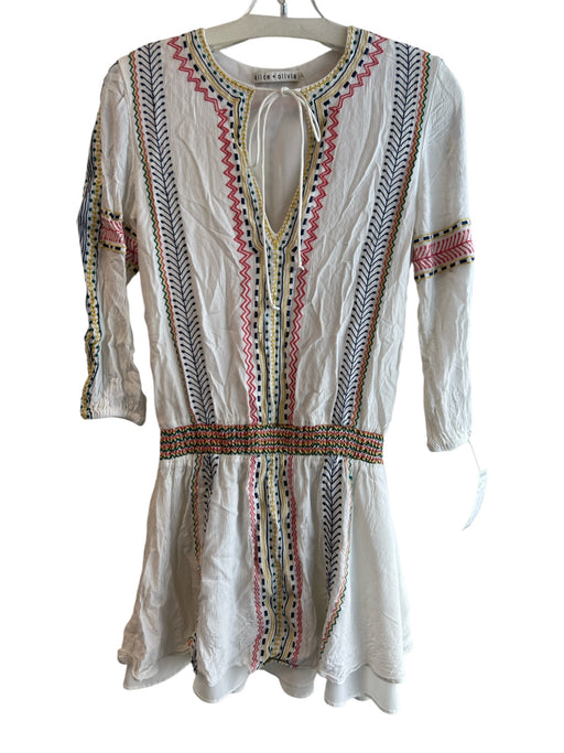 Alice + Olivia Size 0 White & Multi Viscose Embroidered Tie V Neck Dress White & Multi / 0