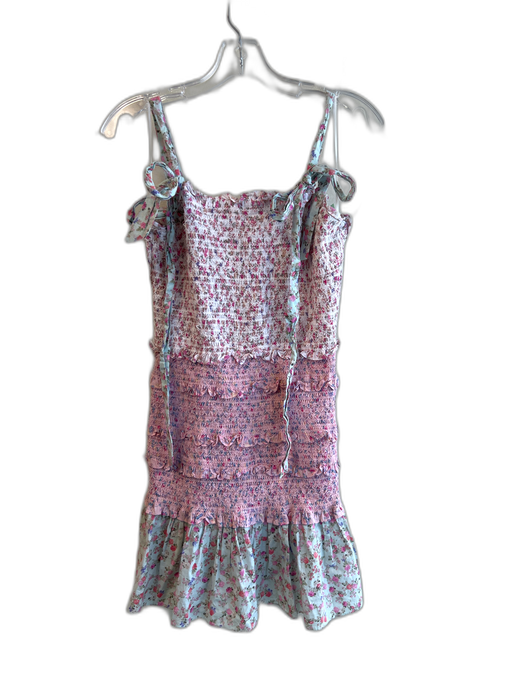 Love Shack Fancy Size M Pink Multi 100% Cotton Rouched Floral Print Tiered Dress Pink Multi / M