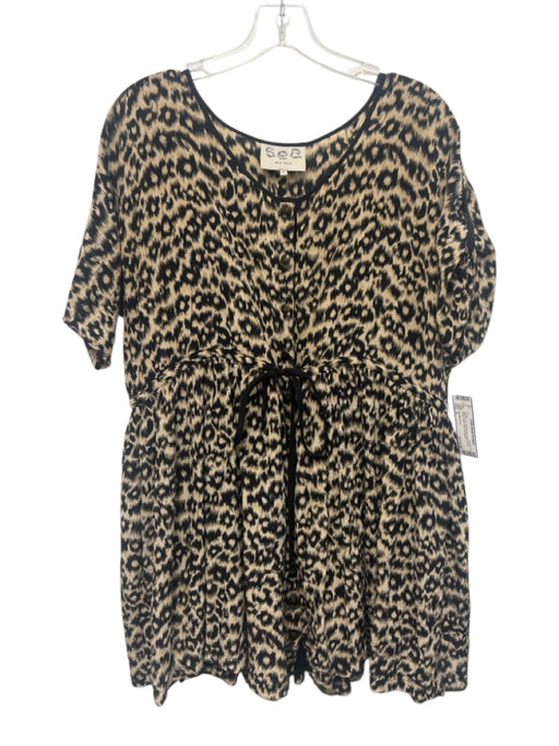 Sea New York Size 4 Black & Tan Drawstring leopard ikat Button Down Mini Dress Black & Tan / 4