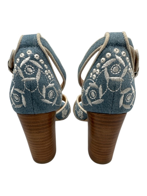 Anthropologie Shoe Size 6 Blue & White Fabric Embroidered Flowers Sandals Blue & White / 6