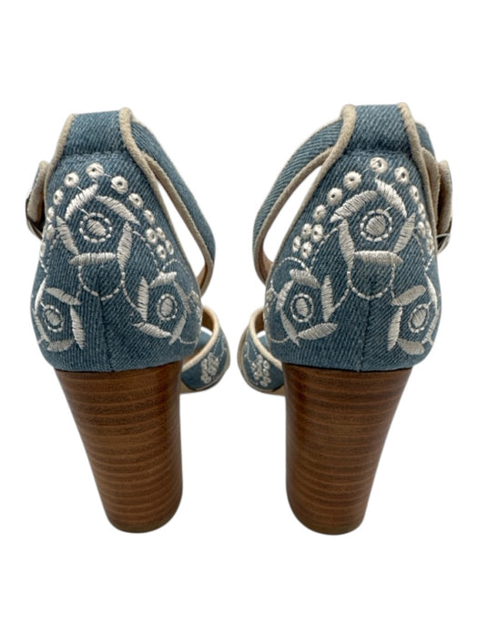 Anthropologie Shoe Size 6 Blue & White Fabric Embroidered Flowers Sandals Blue & White / 6