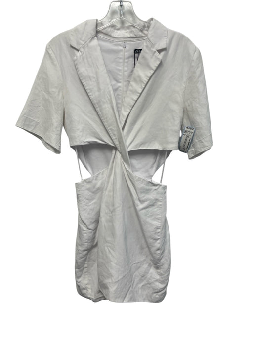 Zara Size S White Viscose Blend Collar V Neck Back Zip Open Side Dress White / S