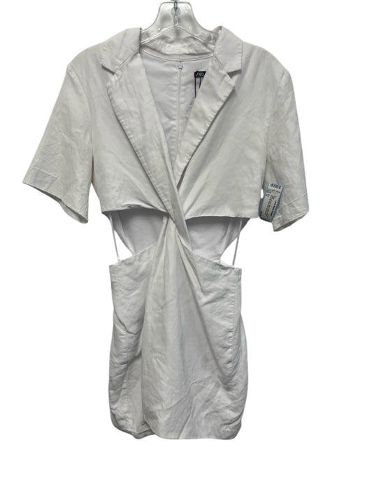 Zara Size S White Viscose Blend Collar V Neck Back Zip Open Side Dress White / S
