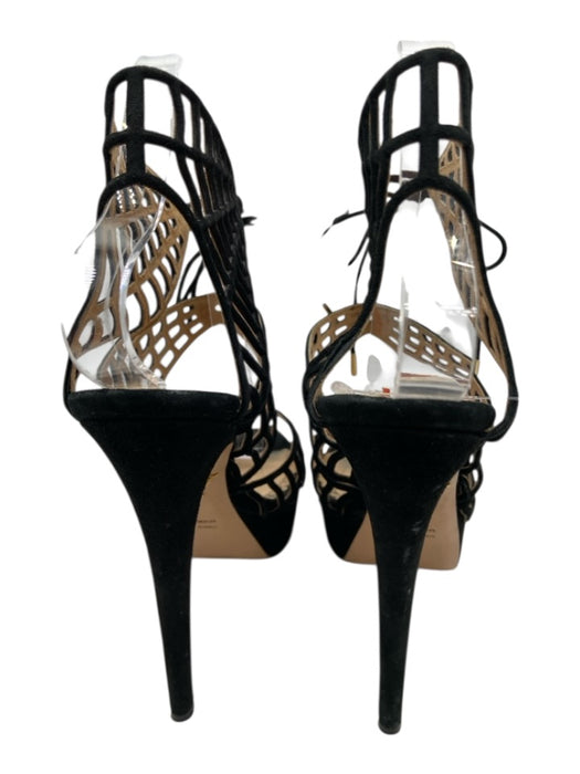 Charlotte Olympia Shoe Size 36 Black Suede Peep Toe Spider Web Ankle Tie Sandals Black / 36