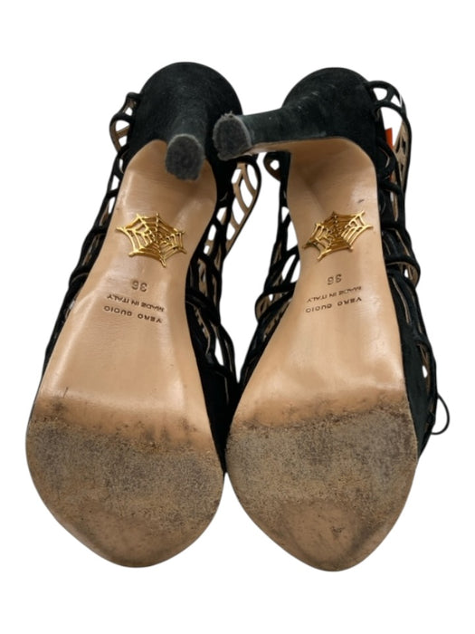 Charlotte Olympia Shoe Size 36 Black Suede Peep Toe Spider Web Ankle Tie Sandals Black / 36