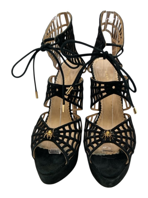 Charlotte Olympia Shoe Size 36 Black Suede Peep Toe Spider Web Ankle Tie Sandals Black / 36