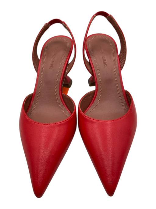 Amina Muaddi Shoe Size 36.5 Red Leather Pointed Toe Solid Kitten Heel Pumps Red / 36.5