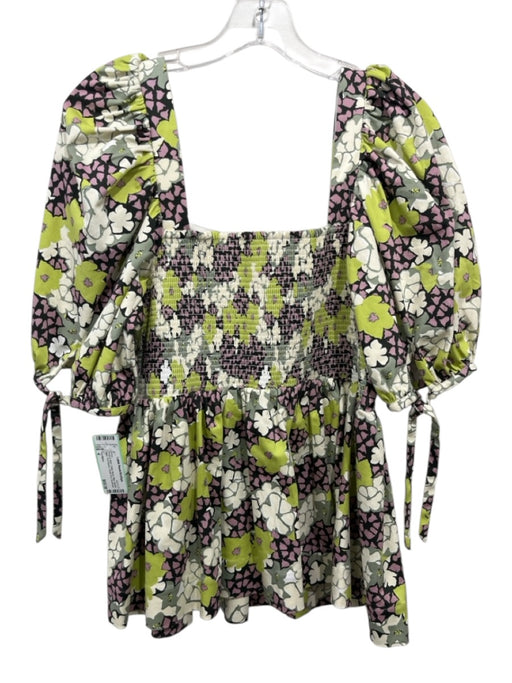 Ted Baker Size 4 Green & Multi Cotton Blend Mini Square Neck Puff Sleeve Dress Green & Multi / 4