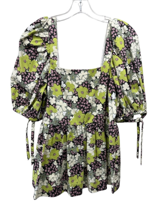 Ted Baker Size 4 Green & Multi Cotton Blend Mini Square Neck Puff Sleeve Dress Green & Multi / 4