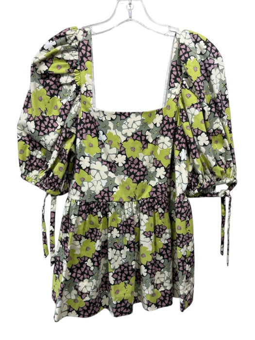 Ted Baker Size 4 Green & Multi Cotton Blend Mini Square Neck Puff Sleeve Dress Green & Multi / 4