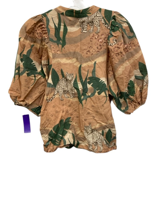 Las Surenas Size XS Beige & Green Linen & Cotton Short Puff Sleeve Buttons Top Beige & Green / XS