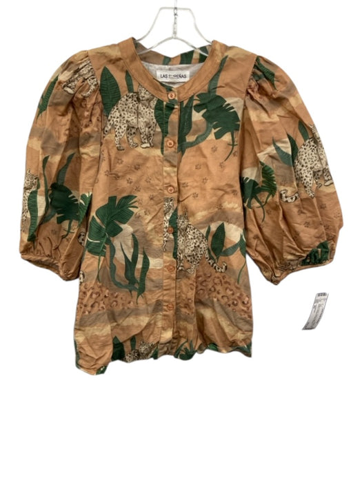 Las Surenas Size XS Beige & Green Linen & Cotton Short Puff Sleeve Buttons Top Beige & Green / XS