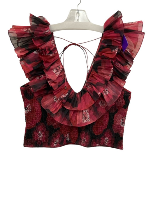 Ollari NY Size L Pink, Red, Black Polyester Sleeveless Floral Print V Neck Top Pink, Red, Black / L