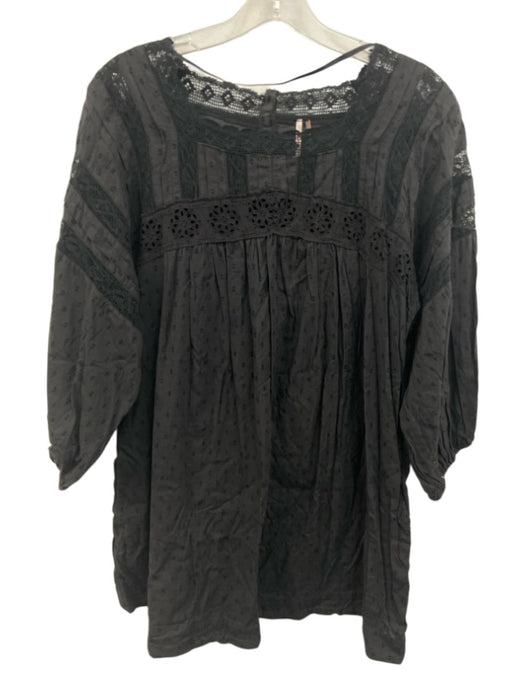 Free People Size XS Black Cotton Puff 1/2 Sleeve Crochet Lace Square Neck Top Black / XS