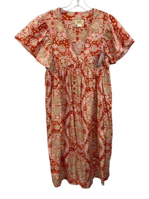 Maeve Size XS Orange, Pink, Beige Cotton Ruffle Cap Sleeve Abstract Print Dress Orange, Pink, Beige / XS