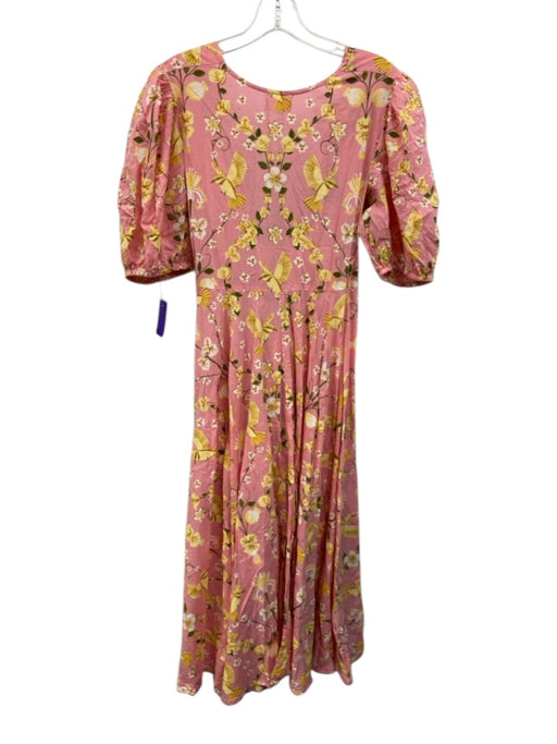 Beyond by Vera Size M Pink, Yellow, Green Cotton Short Puff Sleeve V Neck Dress Pink, Yellow, Green / M