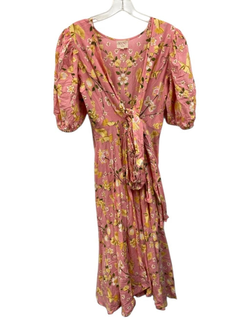 Beyond by Vera Size M Pink, Yellow, Green Cotton Short Puff Sleeve V Neck Dress Pink, Yellow, Green / M