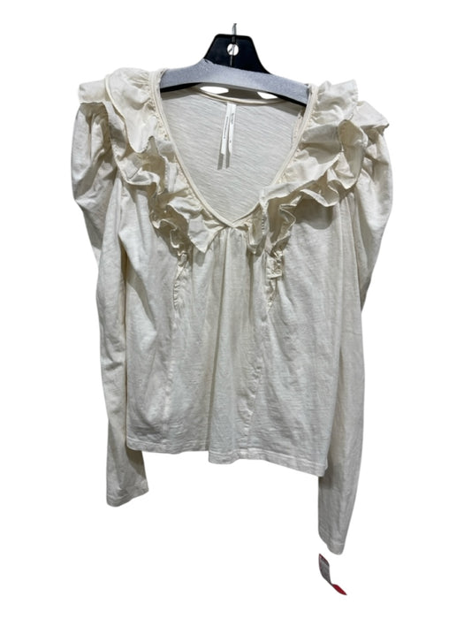 By Anthropologie Size XS Cream Cotton Ruffle Neck Long Sleeve V Neck Top Cream / XS