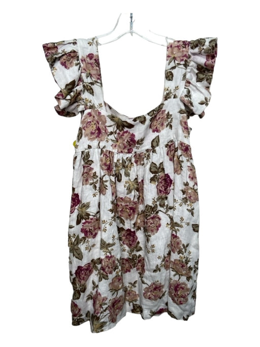 Posse Size XS/S White, Pink & Green Linen floral print Ruffled Sleeve Dress White, Pink & Green / XS/S