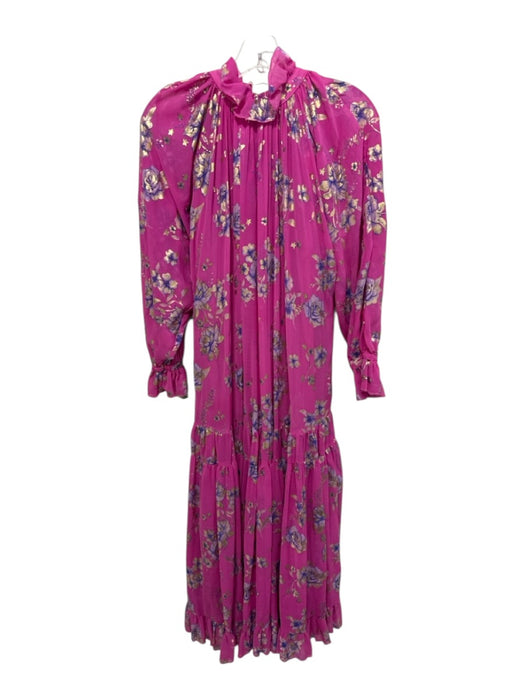 Free People Size XS Pink, Purple & Gold Viscose & Polyester Floral Ruffle Dress Pink, Purple & Gold / XS