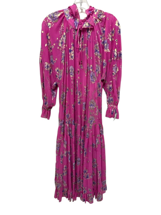 Free People Size XS Pink, Purple & Gold Viscose & Polyester Floral Ruffle Dress Pink, Purple & Gold / XS