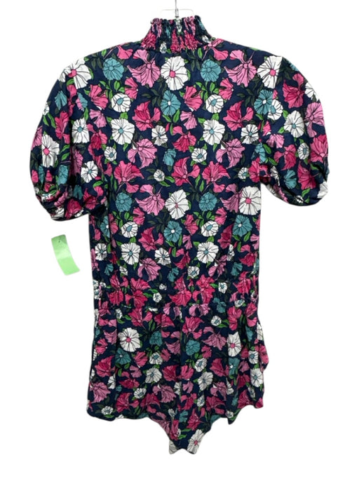 S/W/F Size XS Navy Blue, Pink & Multi Linen floral print Smocked Neck Romper Navy Blue, Pink & Multi / XS