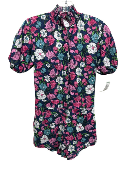 S/W/F Size XS Navy Blue, Pink & Multi Linen floral print Smocked Neck Romper Navy Blue, Pink & Multi / XS