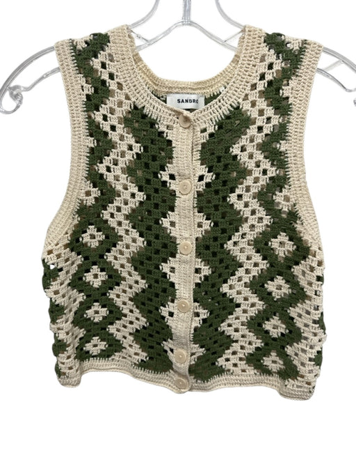 Sandro Size XS Beige & Green Cotton Blend Crochet Knit Button Up Sleeveless Top Beige & Green / XS