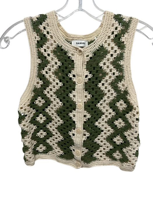 Sandro Size XS Beige & Green Cotton Blend Crochet Knit Button Up Sleeveless Top Beige & Green / XS