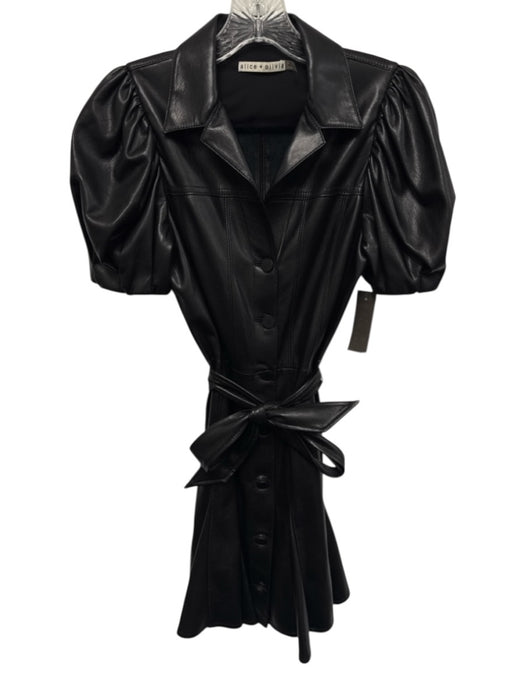 Alice & Olivia Size 0 Black Polyurethane Faux Leather Button Front Collar Dress Black / 0