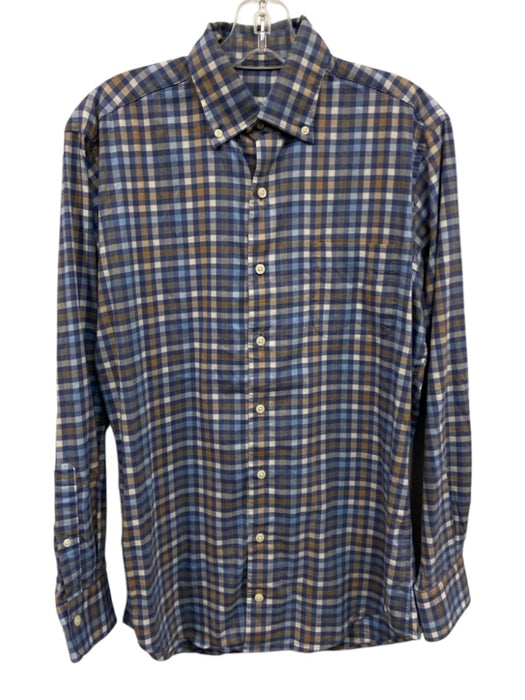Peter Millar Size S Blue, Brown & White Cotton Blend Plaid Long Sleeve Shirt Blue, Brown & White / S