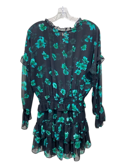 Misha Collection Size S Black & Teal Viscose Floral Ruffle V Neck Tiered Dress Black & Teal / S