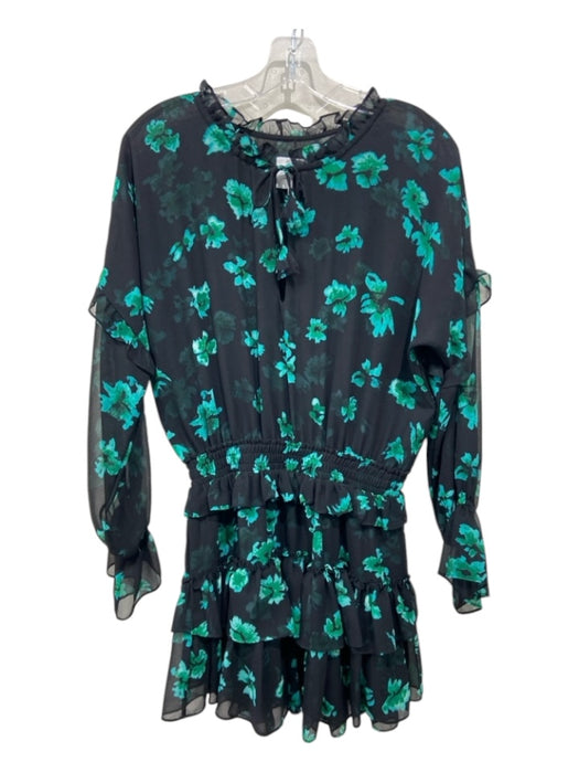 Misha Collection Size S Black & Teal Viscose Floral Ruffle V Neck Tiered Dress Black & Teal / S