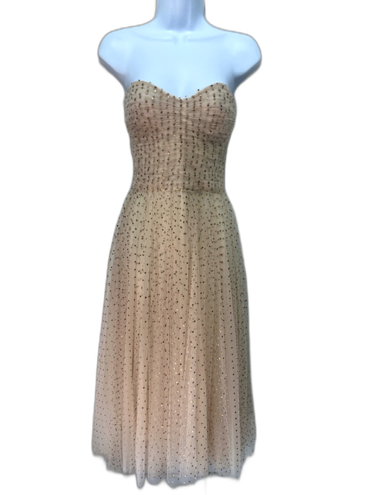 Monique Lhuillier Size 10 Tan & Gold Polyamide Tulle Polka Dot Tea Length Gown Tan & Gold / 10