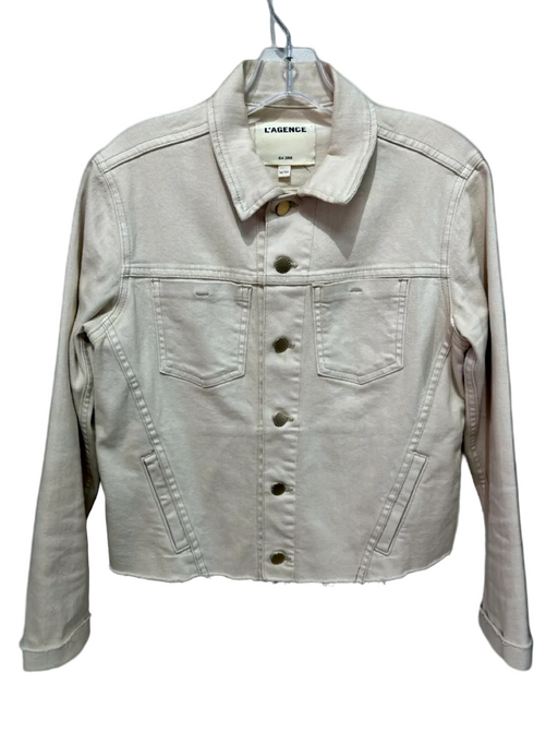 L'agence Size M Cream Cotton Blend Denim contrast stitch Raw Hem Jacket Cream / M