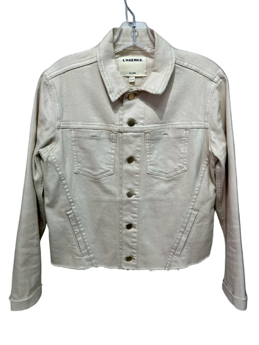 L'agence Size M Cream Cotton Blend Denim contrast stitch Raw Hem Jacket Cream / M