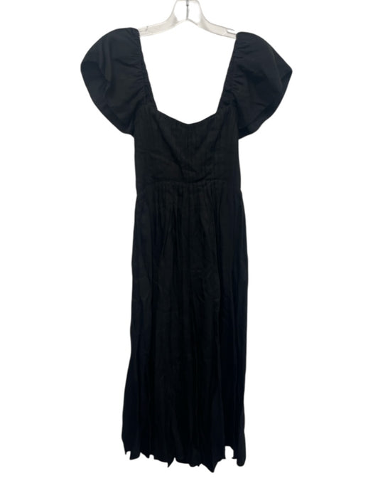 La Ligne Size S Black Linen Blend Cap Sleeve Square Neck Pleated Detail Dress Black / S