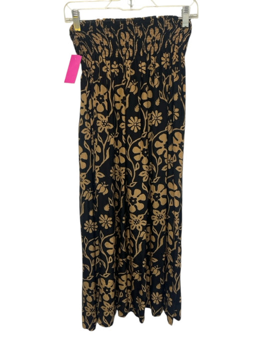Natalie Martin Size S Tan & black Silk Shirred Waist Floral Maxi Skirt Tan & black / S