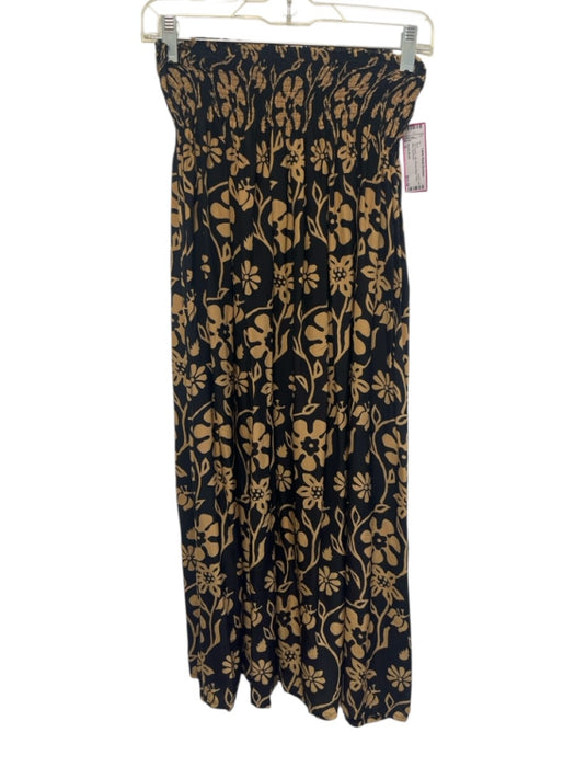 Natalie Martin Size S Tan & black Silk Shirred Waist Floral Maxi Skirt Tan & black / S