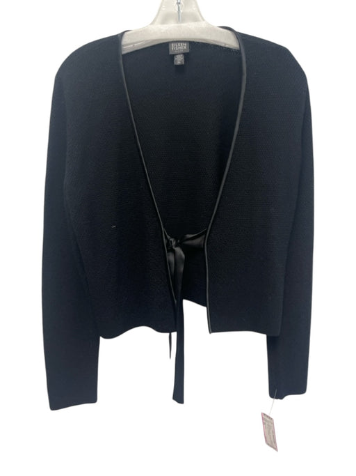 Eileen Fisher Size PM Black Merino Wool Silk Blend Knit Satin Trim Wrap Sweater Black / PM