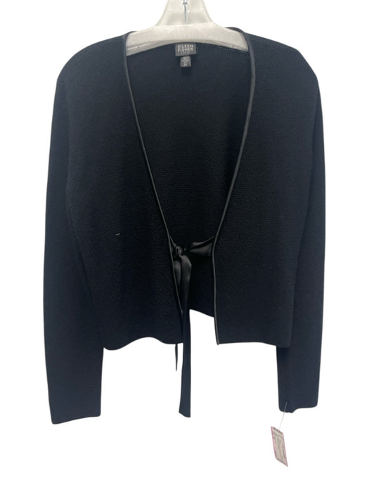Eileen Fisher Size PM Black Merino Wool Silk Blend Knit Satin Trim Wrap Sweater Black / PM