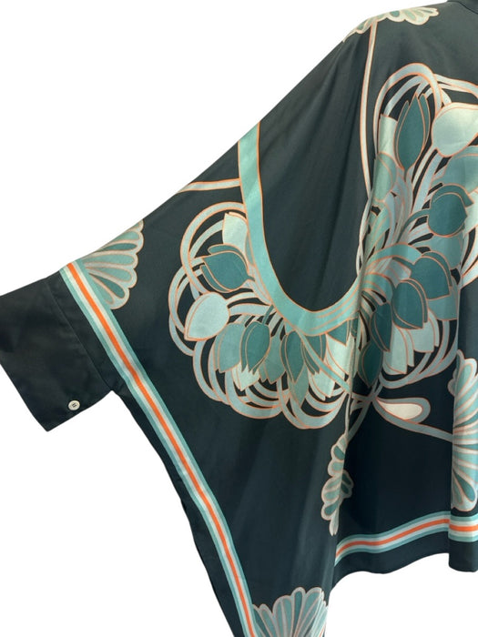 La Double J Size S Green & Orange Silk Twill Botanical Button Down Draped Top Green & Orange / S