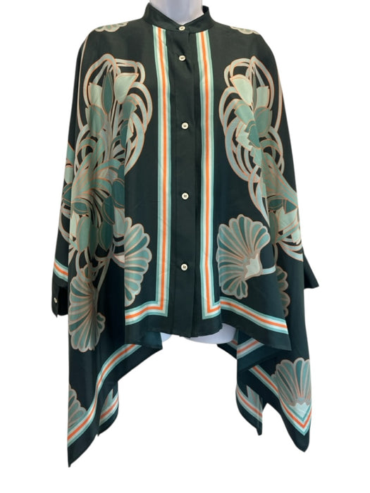 La Double J Size S Green & Orange Silk Twill Botanical Button Down Draped Top Green & Orange / S