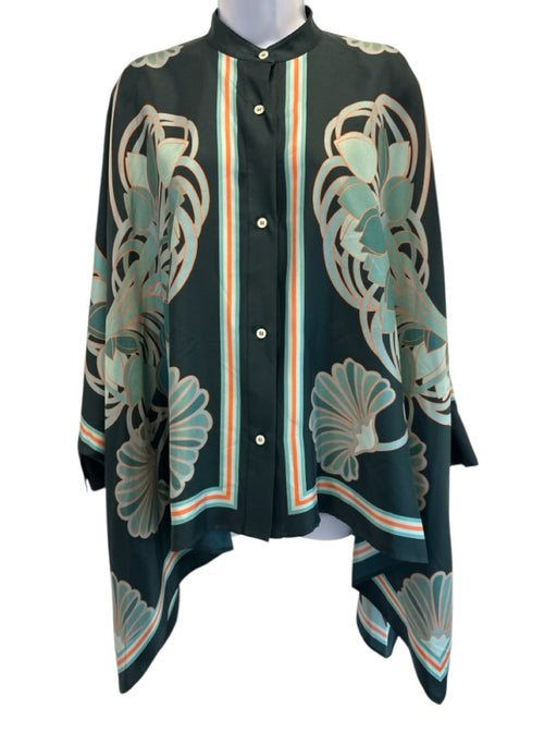 La Double J Size S Green & Orange Silk Twill Botanical Button Down Draped Top Green & Orange / S