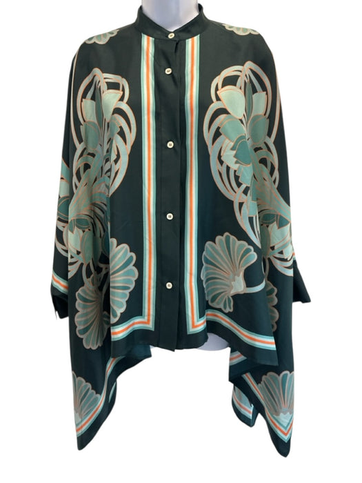 La Double J Size S Green & Orange Silk Twill Botanical Button Down Draped Top Green & Orange / S