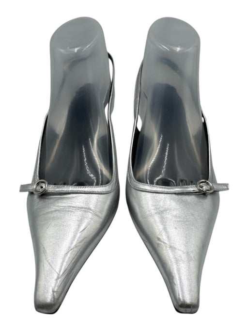 aeyde Shoe Size 40 Silver Leather Pointed Toe Buckle Kitten Heel Pumps Silver / 40