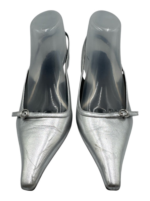 aeyde Shoe Size 40 Silver Leather Pointed Toe Buckle Kitten Heel Pumps Silver / 40